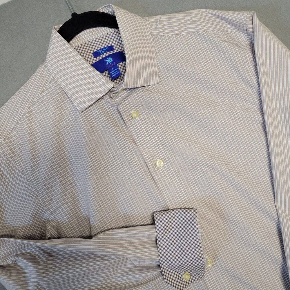 Egara Mens Non-Iron Slim Fit Striped Dress Shirt Tan Blue Large Long Sleeve‎